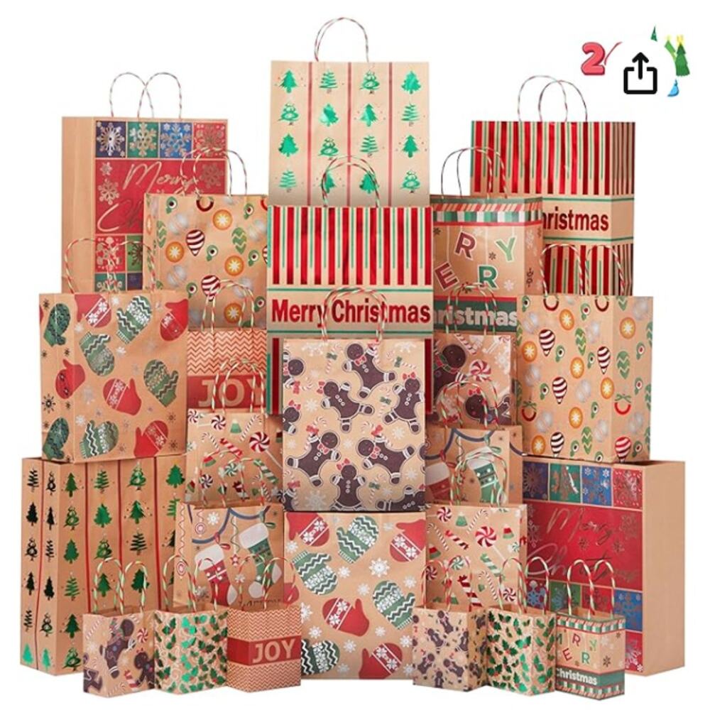 24 Christmas Foil Kraft Gift Bags Assorted Sizes with Twine Handles-24 Different